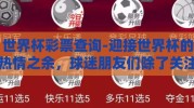 世界杯彩票查询-迎接世界杯的热情之余，球迷朋友们除了关注赛场上的激烈对决，或许还想通过世界杯彩票为自己加一些幸运的调味剂。那么，关于世界杯彩票查询的便捷之道，让我们一起踏上一段顺畅无忧的探索之旅吧