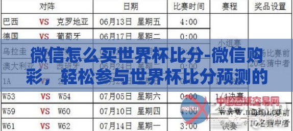 微信怎么买世界杯比分-微信购彩，轻松参与世界杯比分预测的指南