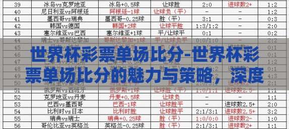 世界杯彩票单场比分-世界杯彩票单场比分的魅力与策略，深度洞察与理智选择