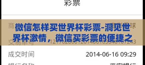 微信怎样买世界杯彩票-洞见世界杯激情，微信买彩票的便捷之旅
