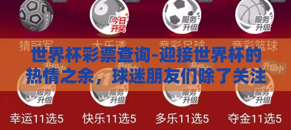 世界杯彩票查询-迎接世界杯的热情之余，球迷朋友们除了关注赛场上的激烈对决，或许还想通过世界杯彩票为自己加一些幸运的调味剂。那么，关于世界杯彩票查询的便捷之道，让我们一起踏上一段顺畅无忧的探索之旅吧