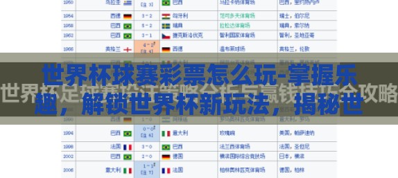 世界杯球赛彩票怎么玩-掌握乐趣，解锁世界杯新玩法，揭秘世界杯球赛彩票攻略